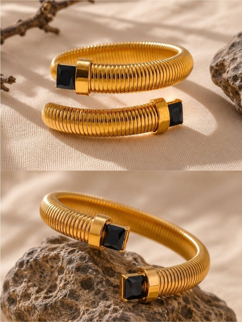 Gold tone Coil Bracelet with Black Square Stones